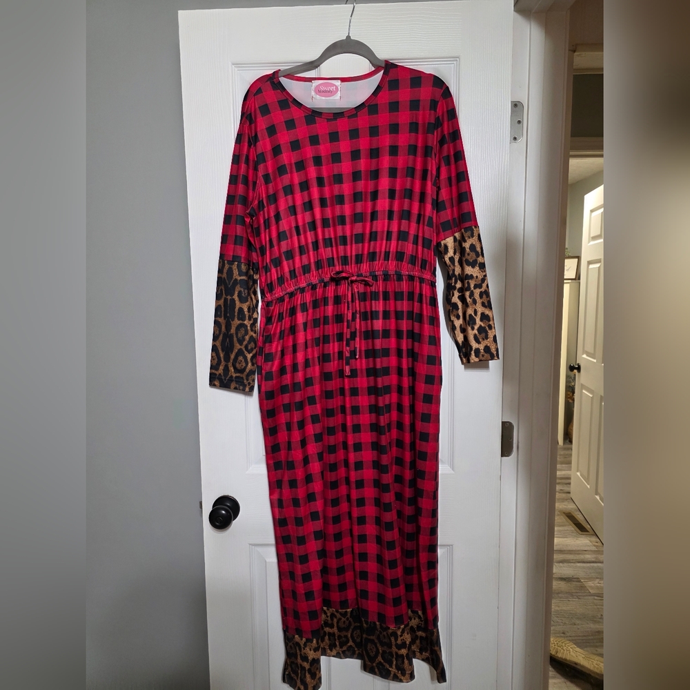 Red Plaid and Leopard Print Maxi Dress